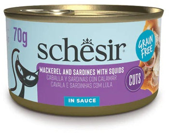 SCHESIR GRILL Conserva pentru pisici, File de Sardine, Macrou, Calamar sos 70g