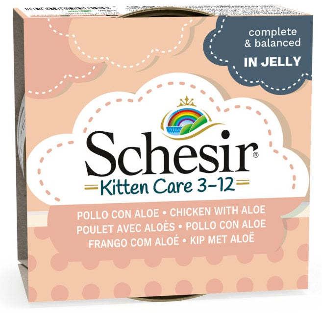 SCHESIR KITTEN Care 3-12 Conserva pentru pisicute, cu Pui si Aloe 85g