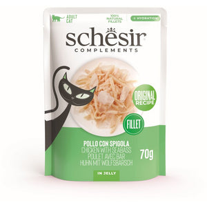 SCHESIR Plic hrana umeda pentru pisici, cu Pui si  Biban de mare, in jeleu 70g