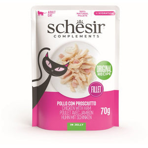 SCHESIR Plic hrana umeda pentru pisici, cu Pui si Sunca, in jeleu 70g