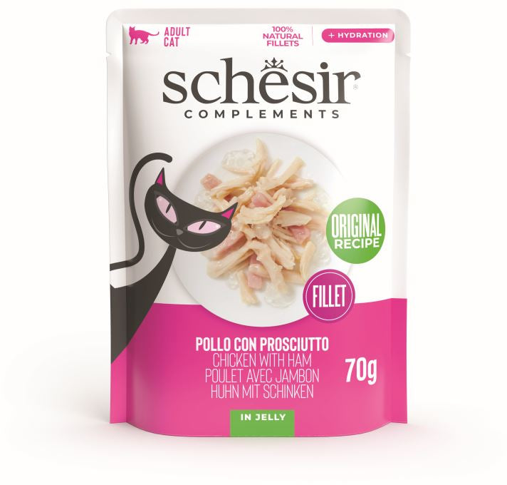 SCHESIR Plic hrana umeda pentru pisici, cu Pui si Sunca, in jeleu 70g