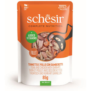 SCHESIR Plic hrana umeda pentru pisici, cu Ton, Pui si Creveti, in jeleu 85g