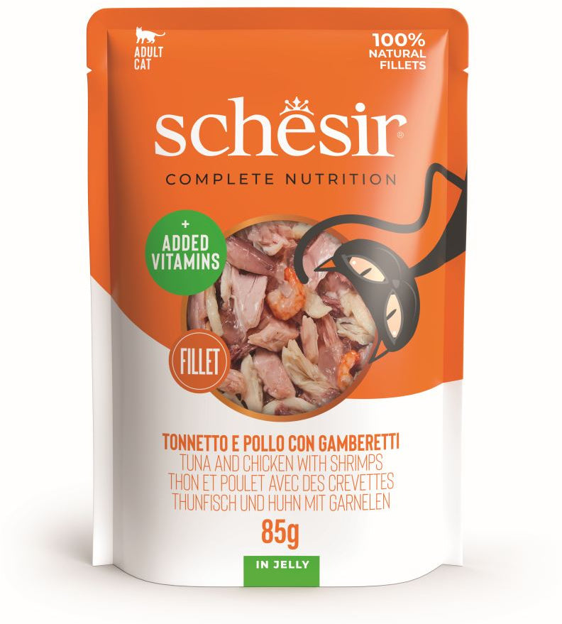 SCHESIR Plic hrana umeda pentru pisici, cu Ton, Pui si Creveti, in jeleu 85g