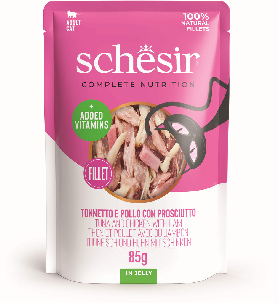 SCHESIR Plic hrana umeda pentru pisici, cu Ton, Pui si Sunca, in jeleu 85g