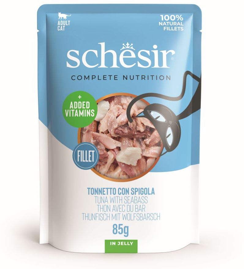 SCHESIR Plic hrana umeda pentru pisici, cu Ton si Biban, in jeleu 85g