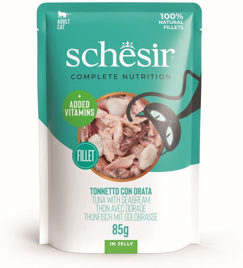 SCHESIR Plic hrana umeda pentru pisici, cu Ton si Dorada, in jeleu 85g