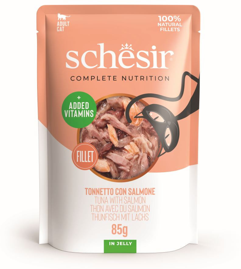 SCHESIR Plic hrana umeda pentru pisici, cu Ton si Somon, in jeleu 85g