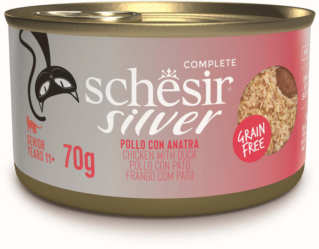 SCHESIR SILVER Conserva pentru pisici, SENIOR, cu Pui si Rata 70g
