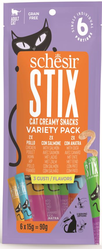 SCHESIR STIX Pachet recompense pentru pisici, cu Pui, Somon si Rata 6x15g