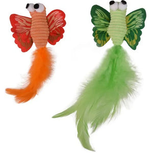 FLAMINGO Jucarie pt pisici Fluturasi cu pene, verde/portocaliu, 17 cm, 2 buc/set