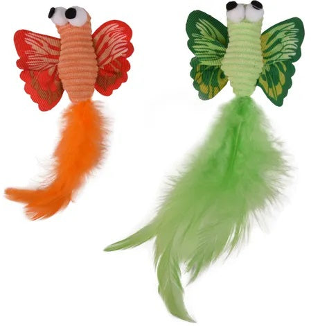 FLAMINGO Jucarie pt pisici Fluturasi cu pene, verde/portocaliu, 17 cm, 2 buc/set