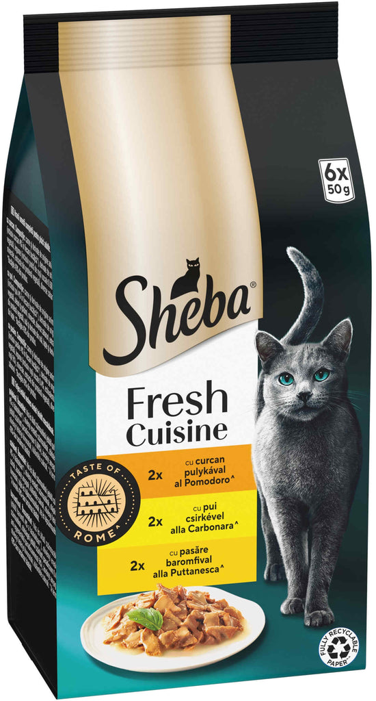 SHEBA Cuisine Pachet plicuri pentru pisici, cu Pui, Curcan si Pasare 6x50g