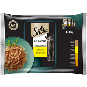 SHEBA Delikatesse in jeleu plicuri pt pisici, Rata, Pui, Pasare si Curcan 4x85 g