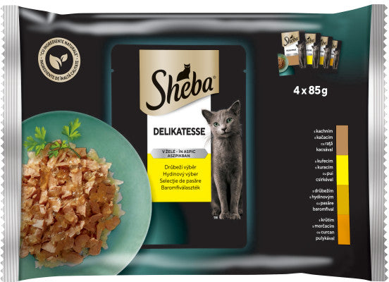 SHEBA Delikatesse in jeleu plicuri pt pisici, Rata, Pui, Pasare si Curcan 4x85 g