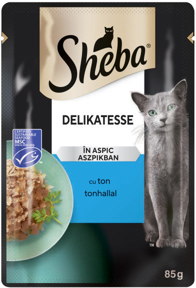 SHEBA Delikatesse Plic hrana umeda pentru pisici adulte, cu ton in aspic 85 g 