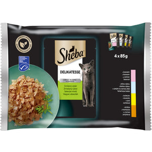 SHEBA Delikatesse plicuri pt pisici, Peste alb,Somon,Curcan, Pui, in aspic 4x85g