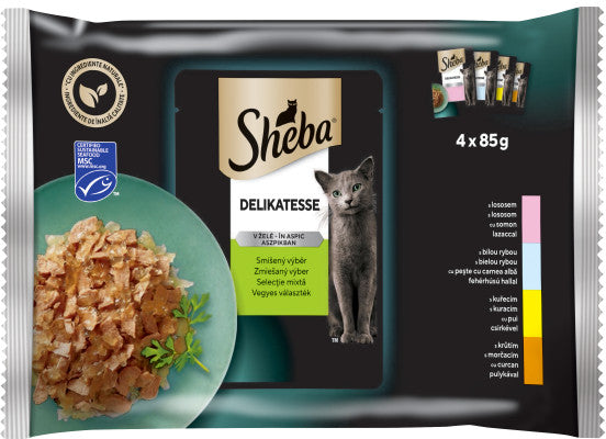 SHEBA Delikatesse plicuri pt pisici, Peste alb,Somon,Curcan, Pui, in aspic 4x85g