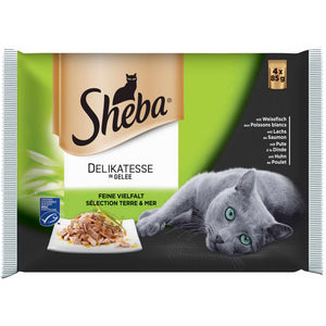 SHEBA Delikatesse plicuri pt pisici, Peste alb,Somon,Curcan, Pui, in aspic 4x85g
