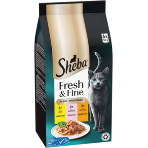 SHEBA Fresh&Fine plicuri Mini selectii de Pui, Sormon si Curcan 6x50g
