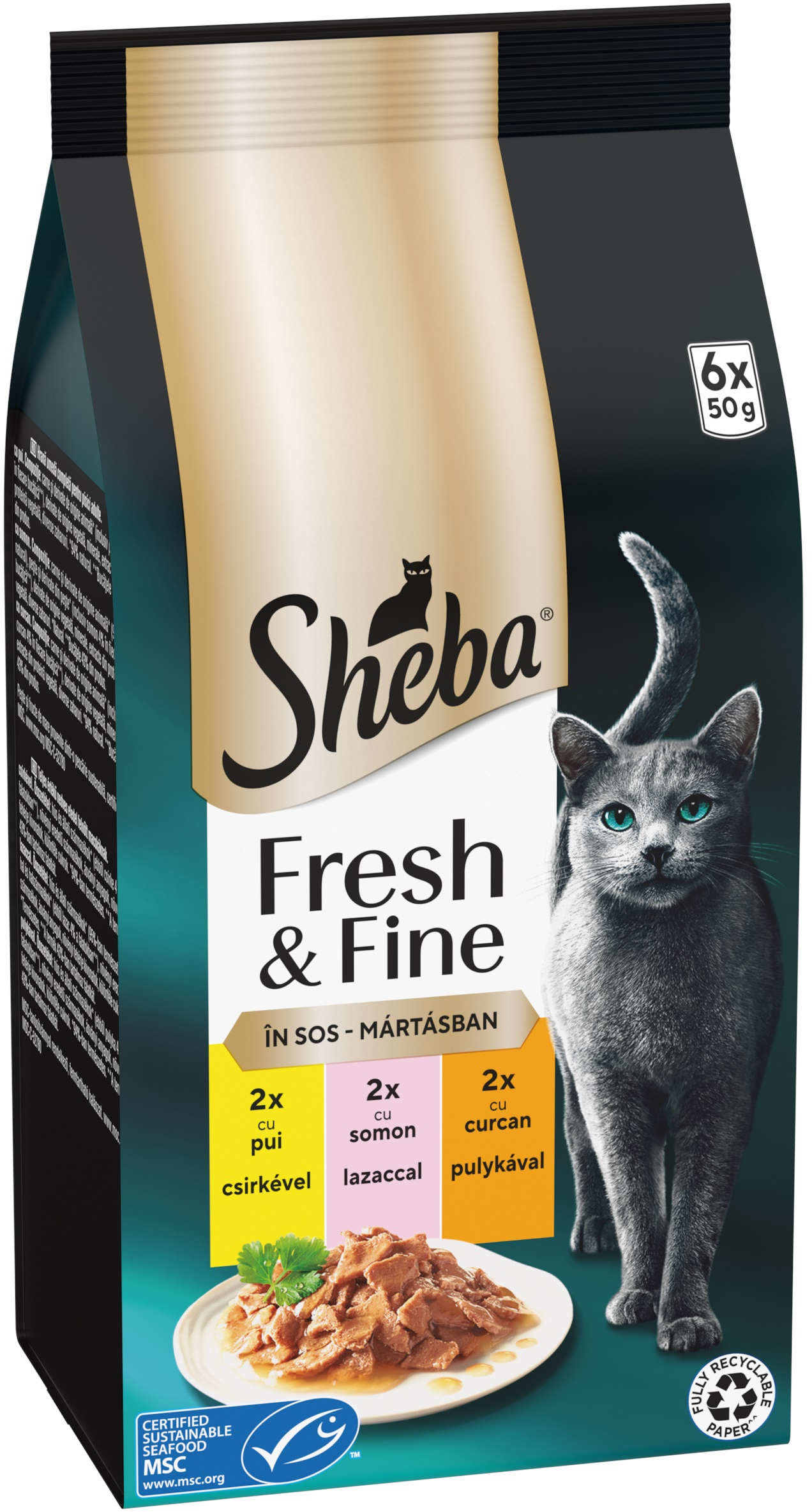 SHEBA Fresh&Fine plicuri Mini selectii de Pui, Sormon si Curcan 6x50g