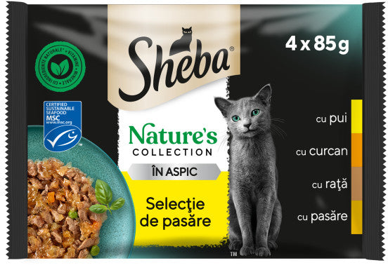 SHEBA Nature's Selectie de Pasare cu Pui, Curcan, Rata si Pasare, in aspic 4*85g
