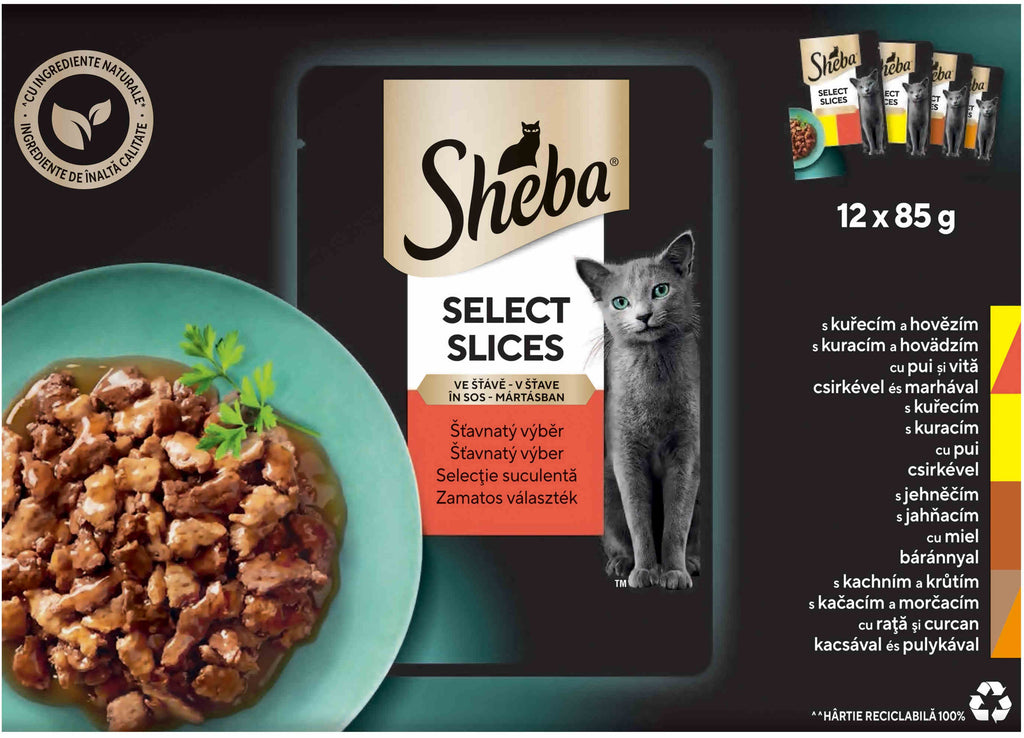 SHEBA Pachet plicuri pentru pisici, Pui&Vita, Pui, Miel, Rata si Curcan 12x85g