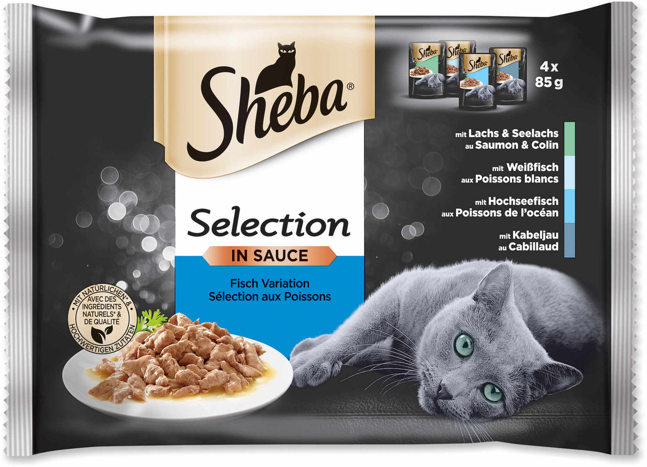 SHEBA Selection Pachet plicuri pt pisici, cu Peste alb si Somon, Cod, Ton 4x85g