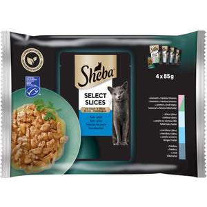 SHEBA Selection Pachet plicuri pt pisici, cu Peste alb si Somon, Cod, Ton 4x85g
