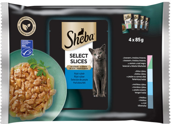 SHEBA Selection Pachet plicuri pt pisici, cu Peste alb si Somon, Cod, Ton 4x85g