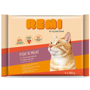 REMI Pachet plicuri pentru pisici adulte, cu Vita/Ficat, Pastrav/Somon 4x100g