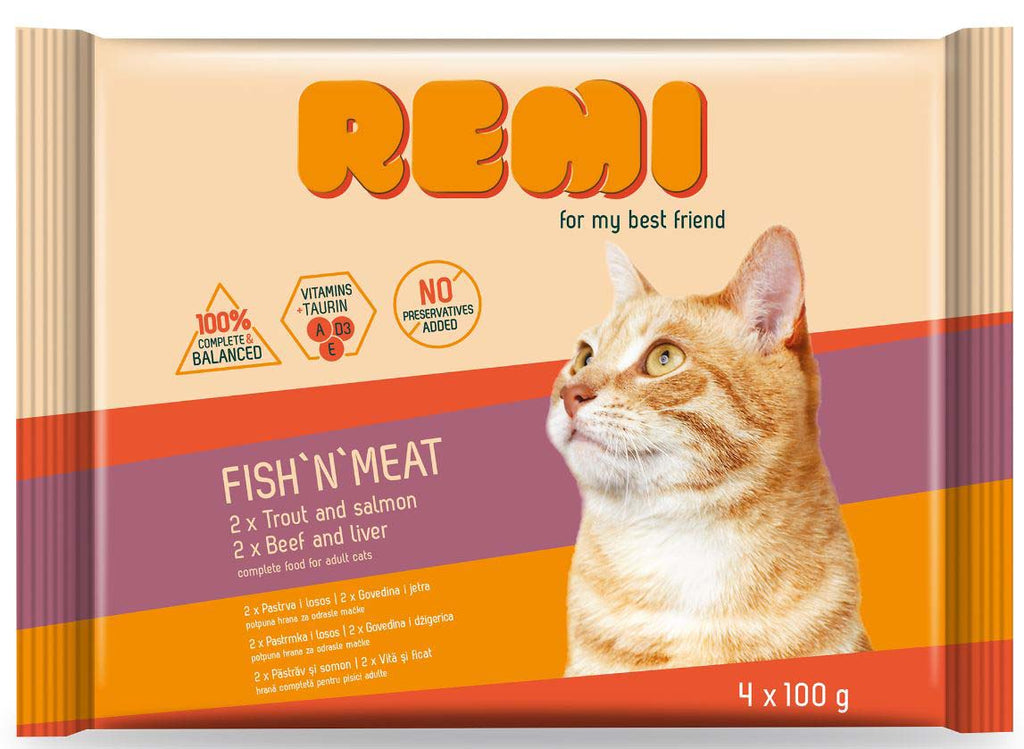 REMI Pachet plicuri pentru pisici adulte, cu Vita/Ficat, Pastrav/Somon 4x100g