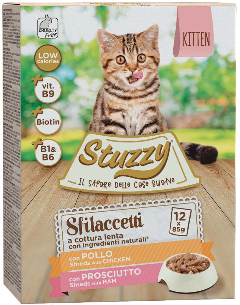 STUZZY Sfilacetti Pachet plicuri pentru pisicute, KITTEN cu Pui si Sunca12x85g