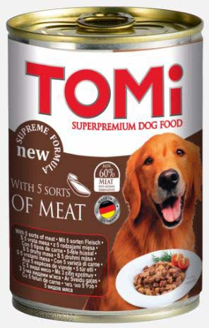 TOMI Conserva pentru caini, cu 5 feluri de Carne in Sos