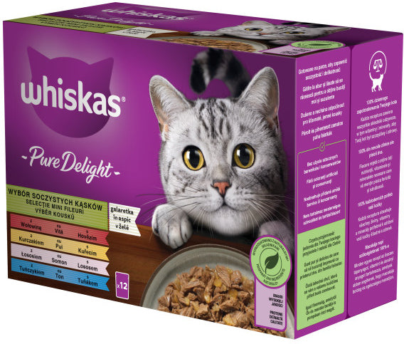 WHISKAS Pure Delight Mix plicuri pisici, Vita/Pui/Somon/Ton in aspic 12x85g