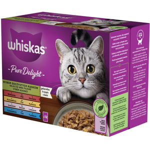 WHISKAS Pure Delight Mix plicuri pisici, Vita/Pui/Somon/Ton in aspic 12x85g
