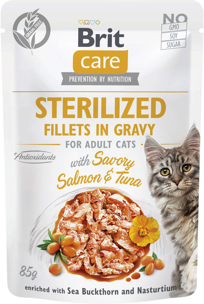 BRIT CARE Sterilized Plic pentru pisici sterilizate, File somon/ton in sos 85g