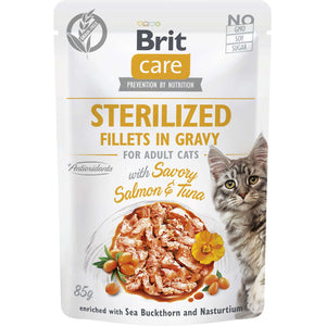 BRIT CARE Sterilized Plic pentru pisici sterilizate, File somon/ton in sos 85g