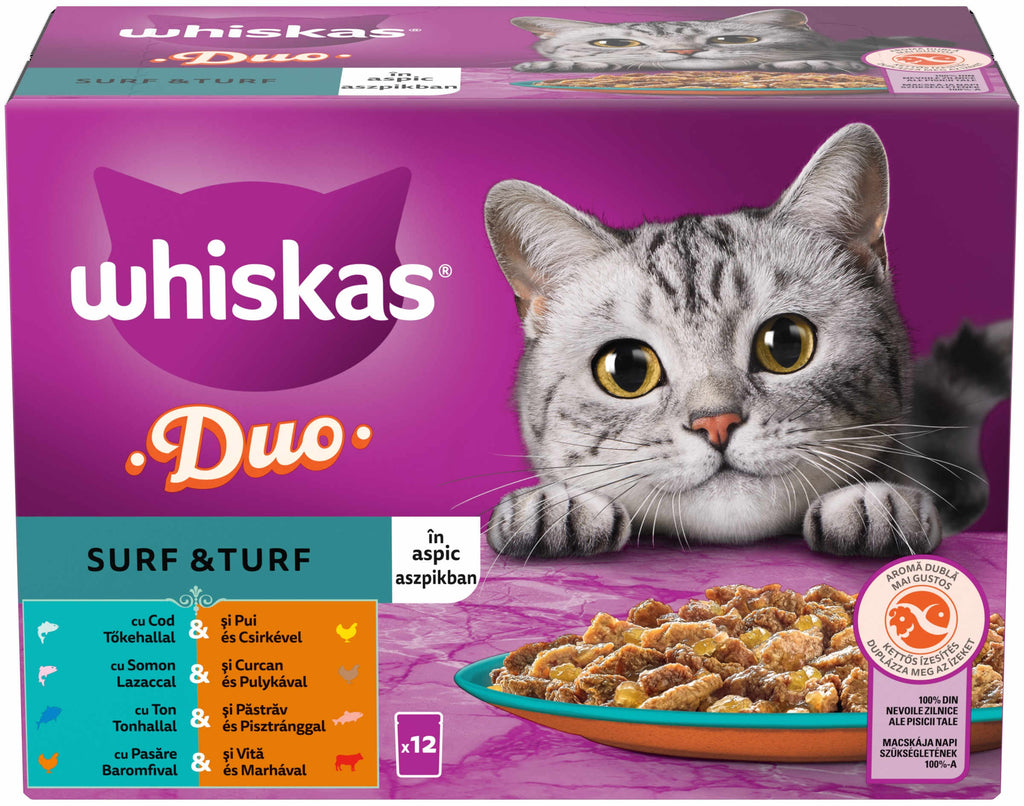 WHISKAS Surf&Turf plicuri Cod/Pui, Somon/Curcan, Ton/Pastrav, Pasare/Vita 12x85g