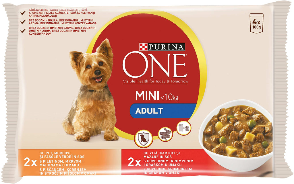 PURINA ONE Mini Hrana umeda pentru caini Pui/Vita, 4x100g