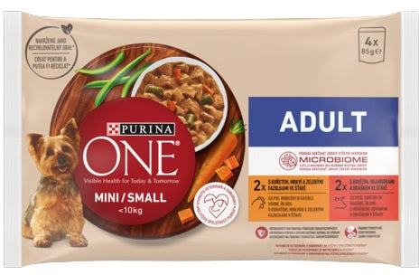 PURINA ONE Mini Hrana umeda pentru caini Pui/Vita, 4x85g