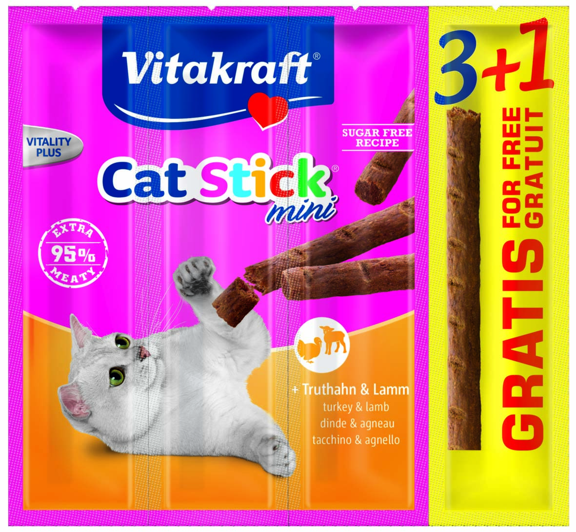 VITAKRAFT Baton Mini Recompensa pentru Pisici, cu Miel si Curcan 3+1buc GRATIS