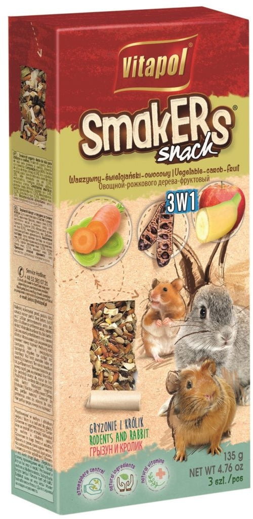 VITAPOL Smakers Snacks pt rozătoare MIX 3-în-1 Legume, Roşcove, Fructe 135g - Maxi-Pet.ro