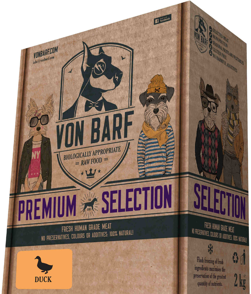 VON BARF Premium Selection Raţă, hrană crudă congelată pentru câini 8x250g - Maxi-Pet.ro