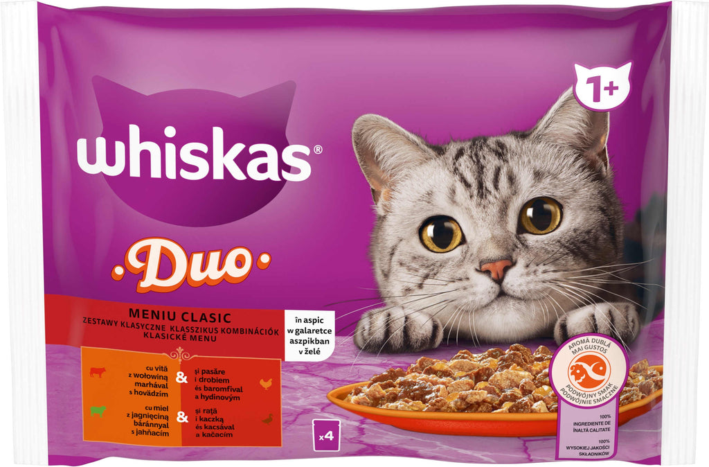 WHISKAS Duo plicuri hrana umeda pisici Adulte,Vita si Pasare, Miel si Rata 4x85g