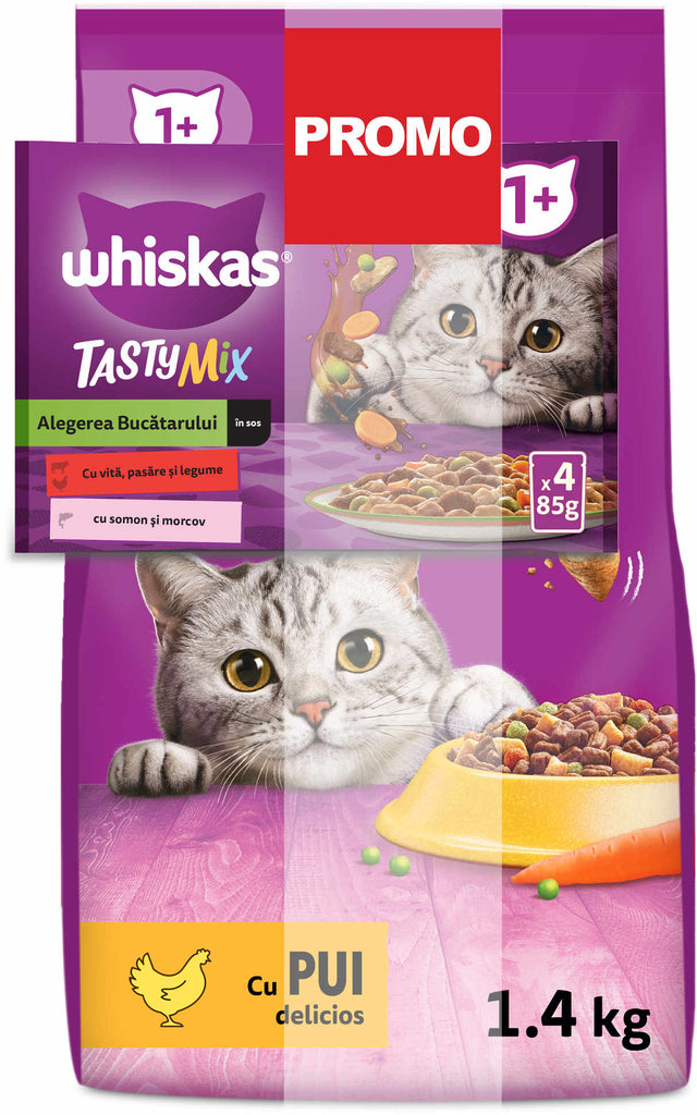 WHISKAS Hrana uscata pentru pisici adulte, cu Pui 1,4kg+4x85g GRATIS