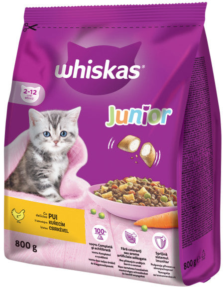 WHISKAS JUNIOR hrana uscata pentru pisicute, cu Pui 800g