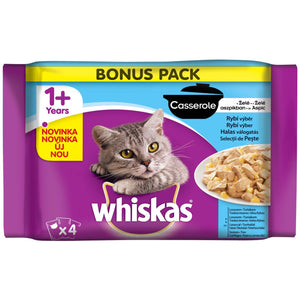 WHISKAS Pachet plicuri Casserole, cu Somon, Ton, Cod, Peste alb 4x85g