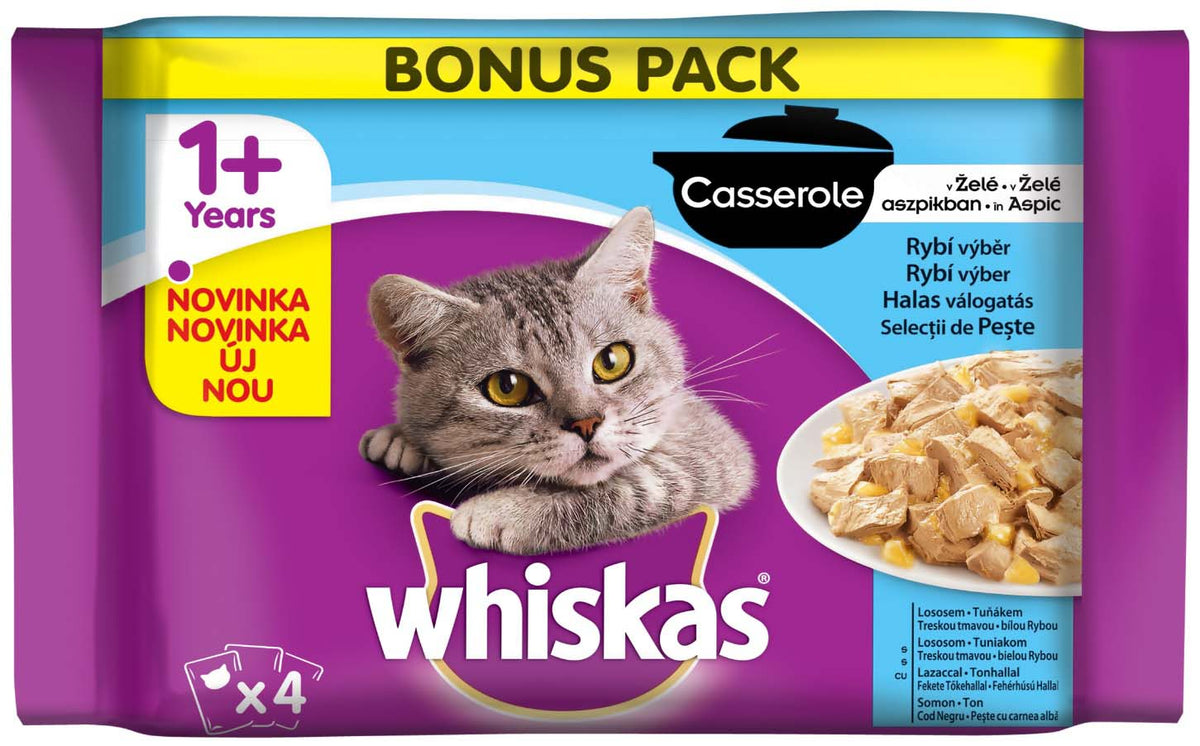 WHISKAS Pachet plicuri Casserole, cu Somon, Ton, Cod, Peste alb 4x85g