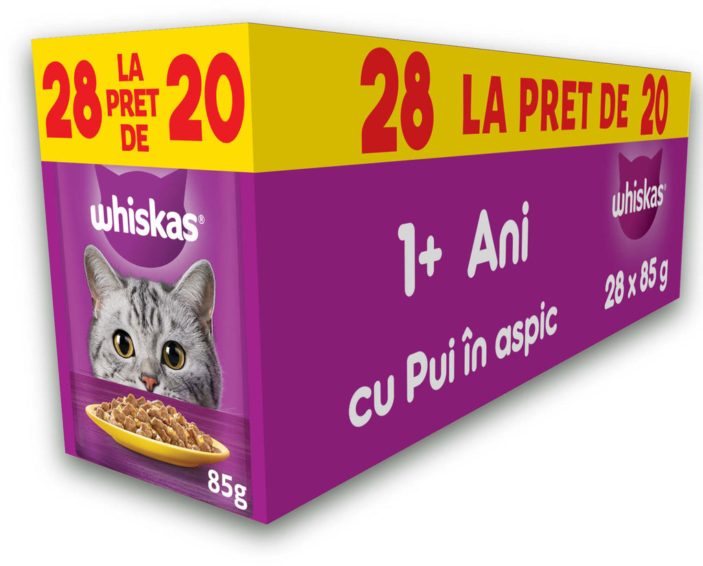 WHISKAS Plic hrana umeda pentru pisici Adulte, cu Pui in aspic 28x85g,20+8GRATIS