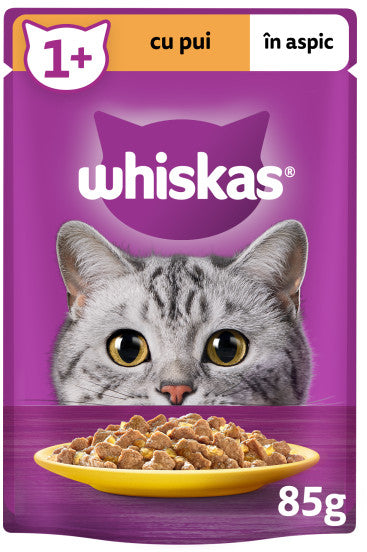 WHISKAS Plic hrana umeda pentru pisici Adulte, cu Pui in aspic 85g